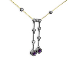 Taşlı Belly Kolye - Ametist ve pırlanta 925 ayar siyah rodyum kaplama gümüş kolye (0.324 karat, 40 cm gümüş rolo zincir) #1iuz04z