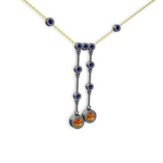 Sitrin ve lab safir 925 ayar siyah rodyum kaplama gümüş kolye (40 cm altın rolo zincir)
