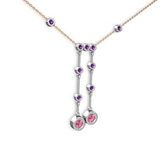 Taşlı Belly Kolye - Pembe kuvars ve ametist 18 ayar beyaz altın kolye (40 cm rose altın rolo zincir) #1ksfzns