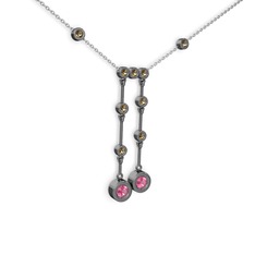 Taşlı Belly Kolye - Pembe kuvars ve dumanlı kuvars 925 ayar siyah rodyum kaplama gümüş kolye (40 cm beyaz altın rolo zincir) #1l5l4o0