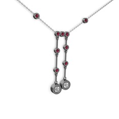 Taşlı Belly Kolye - Pırlanta ve rodolit garnet 925 ayar siyah rodyum kaplama gümüş kolye (0.48 karat, 40 cm beyaz altın rolo zincir) #1nxda1z