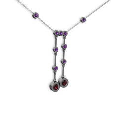 Taşlı Belly Kolye - Rodolit garnet ve ametist 925 ayar siyah rodyum kaplama gümüş kolye (40 cm beyaz altın rolo zincir) #1sddxsu