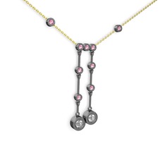 Taşlı Belly Kolye - Swarovski ve pembe kuvars 925 ayar siyah rodyum kaplama gümüş kolye (40 cm altın rolo zincir) #1szfnef