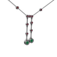 Taşlı Belly Kolye - Kök zümrüt ve rodolit garnet 925 ayar siyah rodyum kaplama gümüş kolye (40 cm gümüş rolo zincir) #1tkp1cv