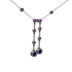 Taşlı Belly Kolye - Lab safir ve ametist 925 ayar siyah rodyum kaplama gümüş kolye (40 cm beyaz altın rolo zincir) #1uallar