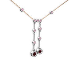 Taşlı Belly Kolye - Garnet ve pembe kuvars 18 ayar beyaz altın kolye (40 cm rose altın rolo zincir) #1vcw500