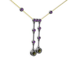 Taşlı Belly Kolye - Peridot ve ametist 925 ayar siyah rodyum kaplama gümüş kolye (40 cm gümüş rolo zincir) #3ppgz7