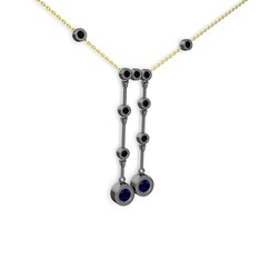 Taşlı Belly Kolye - Lab safir ve siyah zirkon 925 ayar siyah rodyum kaplama gümüş kolye (40 cm altın rolo zincir) #54q5z9