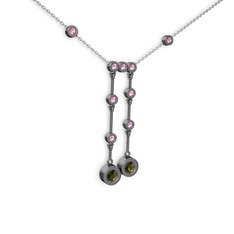 Peridot ve pembe kuvars 925 ayar siyah rodyum kaplama gümüş kolye (40 cm beyaz altın rolo zincir)