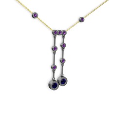 Taşlı Belly Kolye - Lab safir ve ametist 925 ayar siyah rodyum kaplama gümüş kolye (40 cm gümüş rolo zincir) #6f41u4