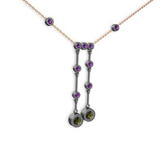 Taşlı Belly Kolye - Peridot ve ametist 925 ayar siyah rodyum kaplama gümüş kolye (40 cm gümüş rolo zincir) #7e1ow0