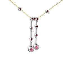 Pembe kuvars ve garnet 14 ayar beyaz altın kolye (40 cm altın rolo zincir)