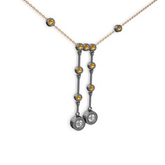 Taşlı Belly Kolye - Pırlanta ve sitrin 925 ayar siyah rodyum kaplama gümüş kolye (0.48 karat, 40 cm rose altın rolo zincir) #8absh3