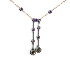 Taşlı Belly Kolye - Dumanlı kuvars ve ametist 925 ayar siyah rodyum kaplama gümüş kolye (40 cm rose altın rolo zincir) #8oigdc