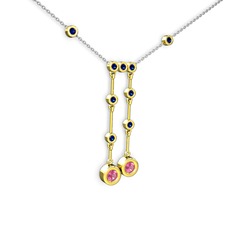 Pembe kuvars ve lab safir 14 ayar altın kolye (40 cm gümüş rolo zincir)