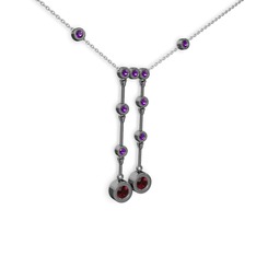 Garnet ve ametist 925 ayar siyah rodyum kaplama gümüş kolye (40 cm beyaz altın rolo zincir)