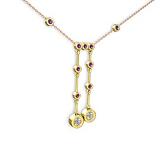 Pırlanta ve ametist 925 ayar altın kaplama gümüş kolye (0.48 karat, 40 cm rose altın rolo zincir)