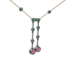 Taşlı Belly Kolye - Pembe kuvars ve yeşil kuvars 925 ayar siyah rodyum kaplama gümüş kolye (40 cm rose altın rolo zincir) #bh2ok7