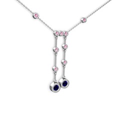 Lab safir ve pembe kuvars 14 ayar beyaz altın kolye (40 cm gümüş rolo zincir)