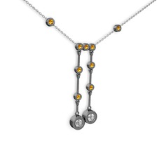 Taşlı Belly Kolye - Pırlanta ve sitrin 925 ayar siyah rodyum kaplama gümüş kolye (0.48 karat, 40 cm beyaz altın rolo zincir) #dkgi40