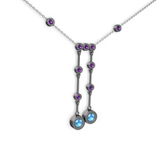 Taşlı Belly Kolye - Akuamarin ve ametist 925 ayar siyah rodyum kaplama gümüş kolye (40 cm beyaz altın rolo zincir) #frps56