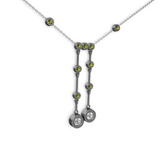 Taşlı Belly Kolye - Pırlanta ve peridot 925 ayar siyah rodyum kaplama gümüş kolye (0.48 karat, 40 cm beyaz altın rolo zincir) #hc5uy8