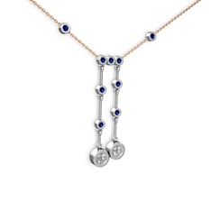 Beyaz zirkon ve lab safir 18 ayar beyaz altın kolye (40 cm rose altın rolo zincir)