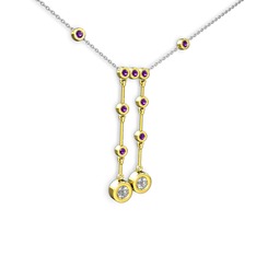 Taşlı Belly Kolye - Beyaz zirkon ve ametist 8 ayar altın kolye (40 cm gümüş rolo zincir) #im2gjx
