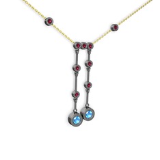 Akuamarin ve rodolit garnet 925 ayar siyah rodyum kaplama gümüş kolye (40 cm gümüş rolo zincir)