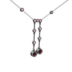 Taşlı Belly Kolye - Rodolit garnet ve pembe kuvars 925 ayar siyah rodyum kaplama gümüş kolye (40 cm beyaz altın rolo zincir) #lp26hd
