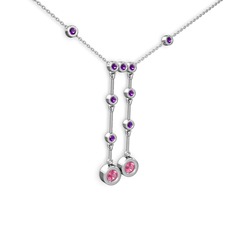 Taşlı Belly Kolye - Pembe kuvars ve ametist 18 ayar beyaz altın kolye (40 cm beyaz altın rolo zincir) #myw1yj