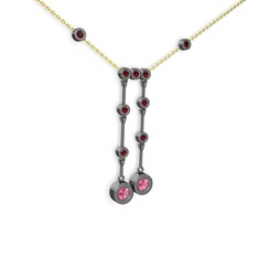 Taşlı Belly Kolye - Pembe kuvars ve garnet 925 ayar siyah rodyum kaplama gümüş kolye (40 cm altın rolo zincir) #njmaf7