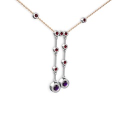 Ametist ve garnet 18 ayar beyaz altın kolye (40 cm rose altın rolo zincir)