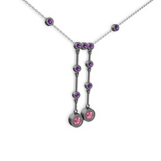 Taşlı Belly Kolye - Pembe kuvars ve ametist 925 ayar siyah rodyum kaplama gümüş kolye (40 cm beyaz altın rolo zincir) #rktqsx