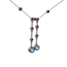 Taşlı Belly Kolye - Akuamarin ve garnet 925 ayar siyah rodyum kaplama gümüş kolye (40 cm rose altın rolo zincir) #ub0ecp
