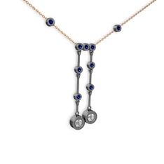 Taşlı Belly Kolye - Beyaz zirkon ve lab safir 925 ayar siyah rodyum kaplama gümüş kolye (40 cm rose altın rolo zincir) #vfgifg
