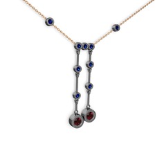 Garnet ve lab safir 925 ayar siyah rodyum kaplama gümüş kolye (40 cm rose altın rolo zincir)