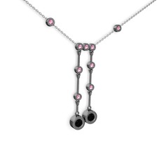 Taşlı Belly Kolye - Siyah zirkon ve pembe kuvars 925 ayar siyah rodyum kaplama gümüş kolye (40 cm beyaz altın rolo zincir) #x6ht68