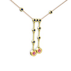 Pembe kuvars ve lab safir 18 ayar altın kolye (40 cm rose altın rolo zincir)