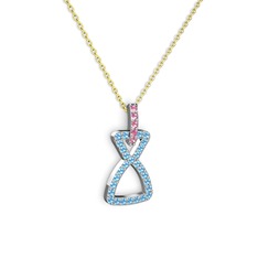 Pembe kuvars ve akuamarin 18 ayar beyaz altın kolye (40 cm altın rolo zincir)