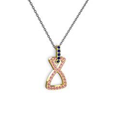 Lab safir ve pembe kuvars 14 ayar altın kolye (40 cm gümüş rolo zincir)