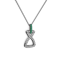 Simla Kolye - Kök zümrüt ve beyaz zirkon 925 ayar siyah rodyum kaplama gümüş kolye (40 cm gümüş rolo zincir) #1804w2i