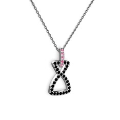 Simla Kolye - Pembe kuvars ve siyah zirkon 8 ayar beyaz altın kolye (40 cm gümüş rolo zincir) #1alhvxi