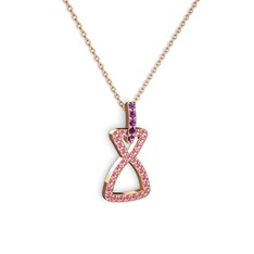 Ametist ve pembe kuvars 8 ayar rose altın kolye (40 cm rose altın rolo zincir)