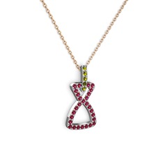Peridot ve rodolit garnet 18 ayar beyaz altın kolye (40 cm rose altın rolo zincir)