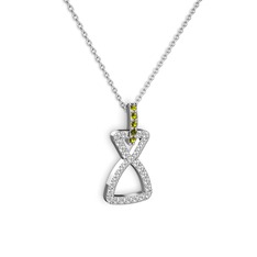 Peridot ve beyaz zirkon 18 ayar beyaz altın kolye (40 cm gümüş rolo zincir)
