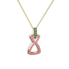 Simla Kolye - Kök zümrüt ve pembe kuvars 18 ayar rose altın kolye (40 cm altın rolo zincir) #1j0lq4b