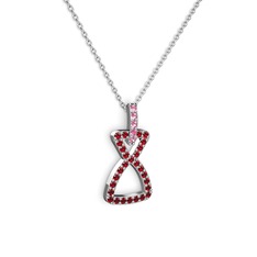 Pembe kuvars ve garnet 18 ayar beyaz altın kolye (40 cm beyaz altın rolo zincir)