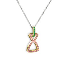 Simla Kolye - Kök zümrüt ve pembe kuvars 18 ayar altın kolye (40 cm gümüş rolo zincir) #1lwzcn8