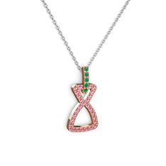 Kök zümrüt ve pembe kuvars 14 ayar rose altın kolye (40 cm beyaz altın rolo zincir)